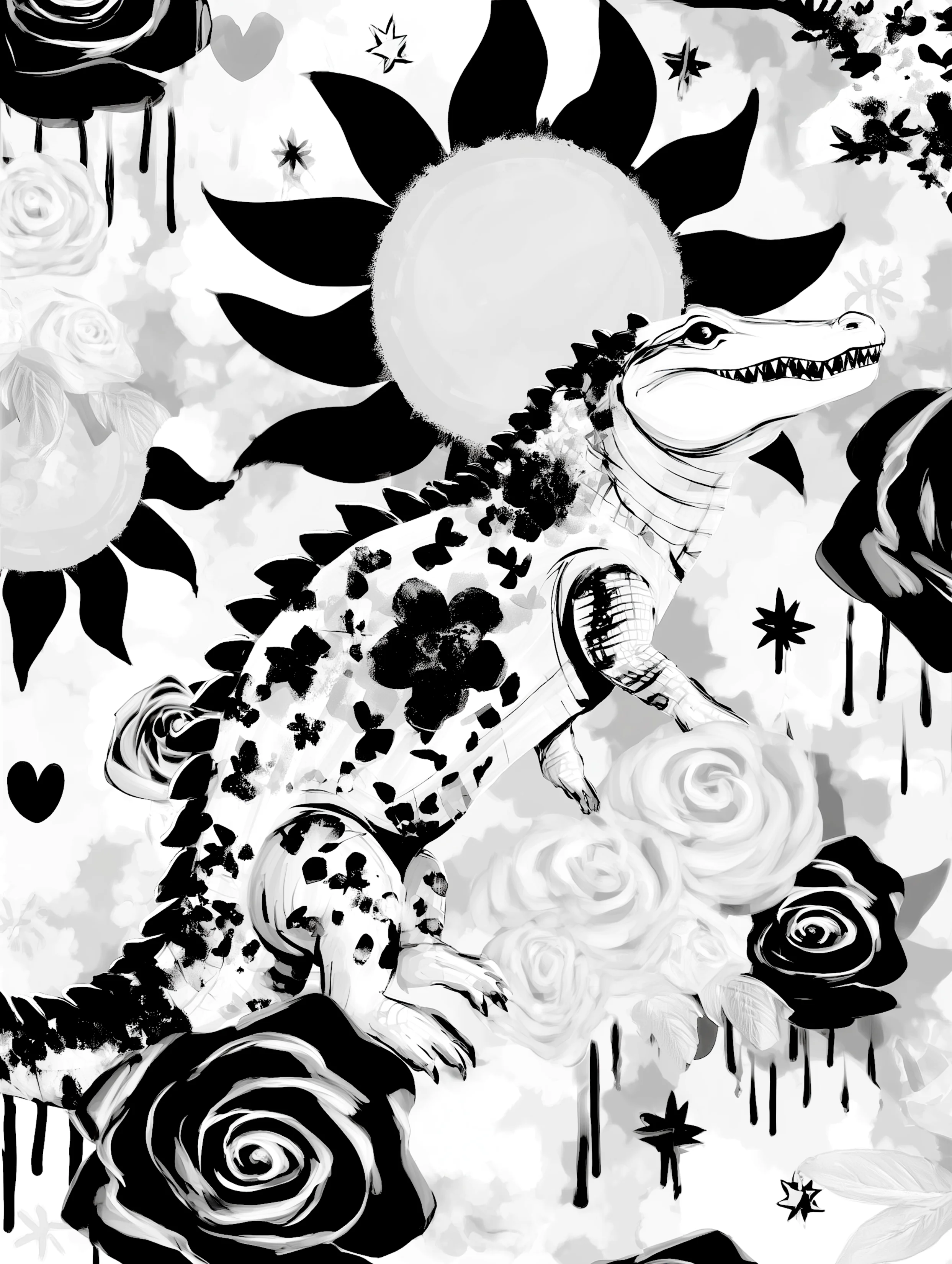 Free printable crocodile coloring pages for adults featuring sun behind crocodile in black and white